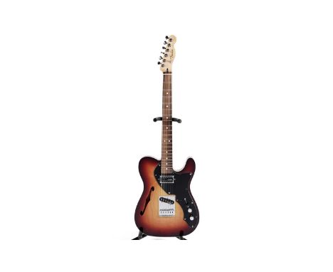 A T-style Thinline guitar with Fender Mexico neck, fitted with two, Kinman HX pickups, locking tuners, three colour sunburst 