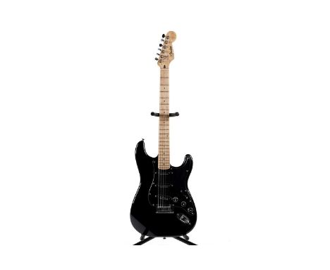 A Fender Korean made Stratocaster, serial number 04xxxx12, with birdseye maple neck, black finish with three Seymour Duncan s