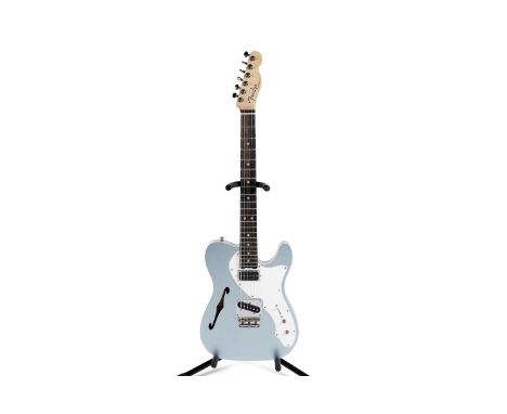 A T-Style Thinline guitar with Fender USA neck with serial number US18xxxx18, light blue sparkle finish, locking tuners, fitt