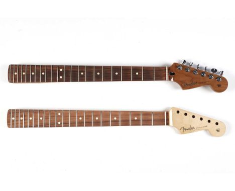 A Fender Mexico Stratocaster neck with Pau Ferro board, dated 2019; and another in dark maple with Pau Ferro board, fitted wi