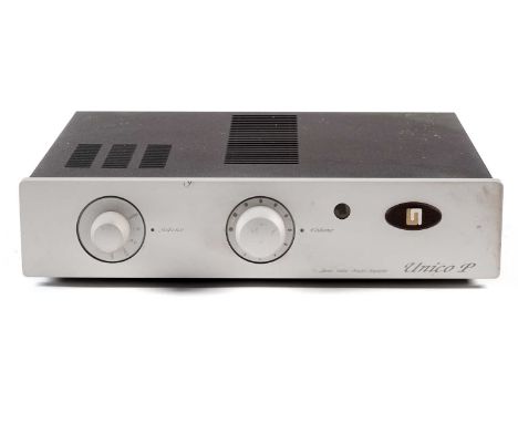 A Unison Research Unico P stereo integrated hybrid valve/MOSFET amplifier, with manual, and a pair of interconnect cables.