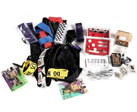 A collection of guitar spares and straps, including: a box of mainly fabric guitar straps; an S-type control set; a T-type co
