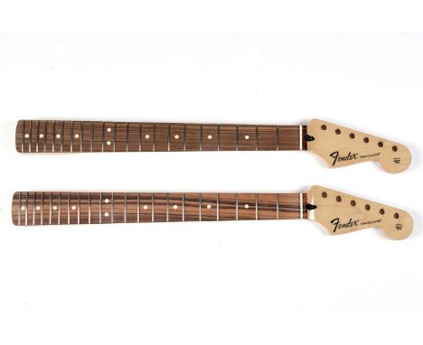 Two Fender Mexico Stratocaster necks, maple with Pau Ferro fretboards, dated 2019 and 2021, boxed. (2)