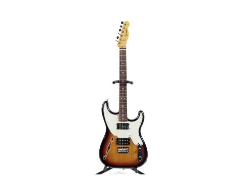 A Fender Japan 'Pawn Shop' Thinline guitar, Tele/Strat, fitted with one Fender branded pickup and an open coil pickup, replac