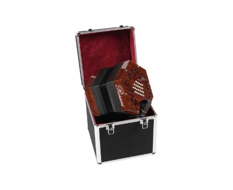 A Rossini 48-button chromatic concertina, with mahogany fret cut ends, in hard case.