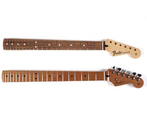 A Fender Mexico dark maple Stratocaster neck fitted with tuners, dated 2020; and a Fender Mexico Stratocaster neck with Pau F