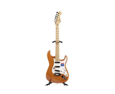 A Fender Stratocaster with deluxe neck, serial number DZ4xxxx65, natural finish body, Fender moulded case.Note: This guitar i