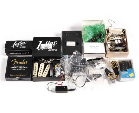 A quantity of guitar pickups including: a Lollar Jazzmaster set; a pair of Fender branded humbuckers; and a selection of sing