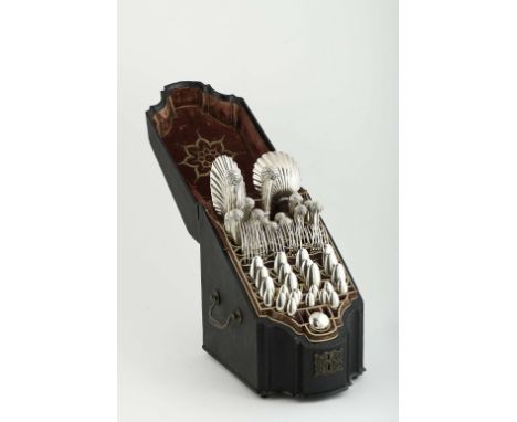 A cutlery set (Barretina) with silverware for twelve people, D. Maria I, Queen of Portugal (1777-1816), wood fully covered wi