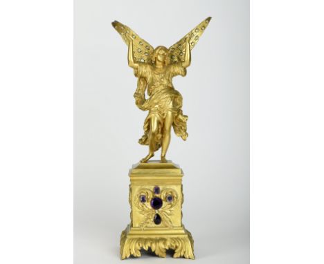 An angel, gilt bronze sculpture en relief, decoration set with amethysts and chrysolites (chrysoberyls) in different cuts, Fr