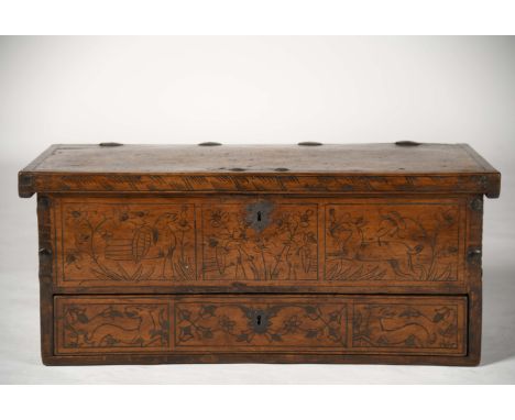 A small grooved chest with drawer, cedar (or juniper), grooved decoration filled with black mass (gall nut) "Various animals 