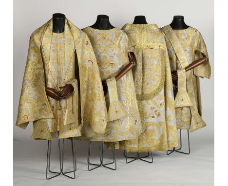 White set of liturgical vestments for festive celebrations, fabric embroidered with silk thread and gilt, silvered and polych