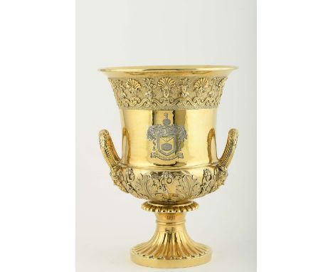 A wine cooler, 925/1000 gilt silver, decoration en relief "Leaves and plant motifs" handles en relief "Bacchus", centre engra