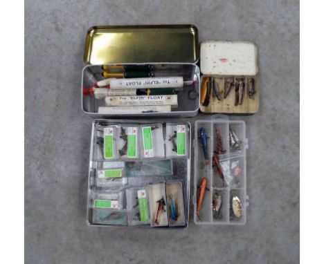 Fishing Accessories to include Elfin vintage floats in tubes, vintage hand painted wooden lures and Hardy Fly Box