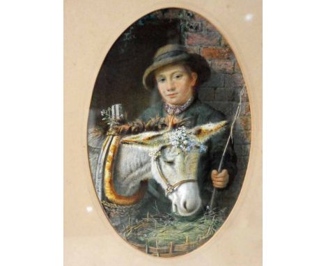 R P Richards (British 19th century), Boy with a Donkey, signed watercolour in oval mount, 22cm by 14.5cm, bears label verso e