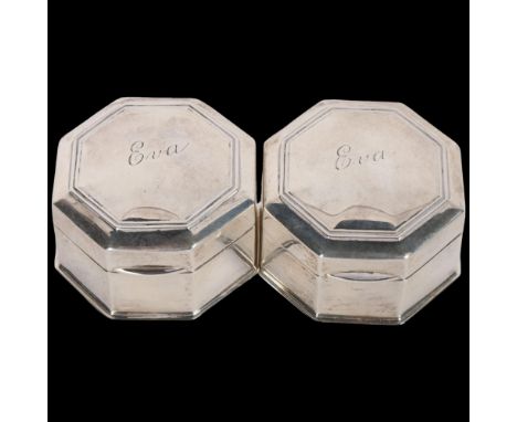 A pair of George V silver ring boxes, William Hutton &amp; Sons Ltd, possibly made by Kate Harris, Birmingham 1914, octagonal