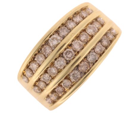 An 18ct gold diamond triple-row band ring, set with modern round brilliant-cut diamonds, total diamond content approx 1ct, se