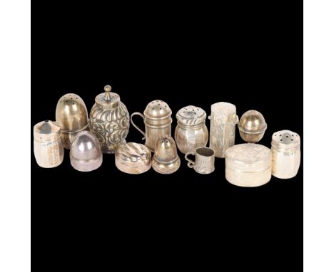 Various miniature boxes and pepperettes, including some silver, such as Norsk silver acorn pepper, silver pedestal egg pepper