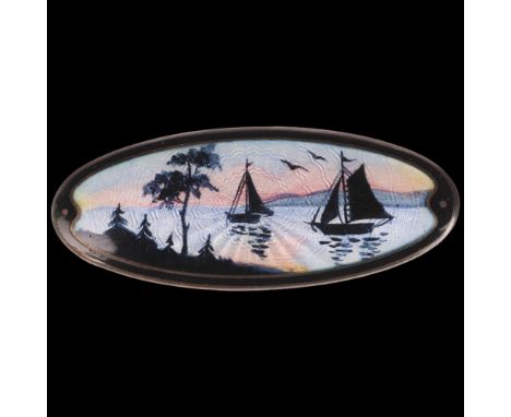 AKSEL HOLMSEN - a Vintage Norwegian sterling silver-gilt enamel 'Yachts On Lake' panel brooch, 48.4mm, 9.1g . Condition Repor