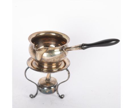 A late Victorian silver brandy warming pan on spirit burner stand, Atkin Brothers, Sheffield 1899, circular bulbous form with