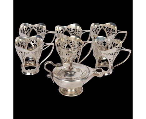 A set of 6 George V silver drinking tot holders, Sheffield 1912, 6cm, and a silver oil lamp, 6.5oz total . Condition Report:L