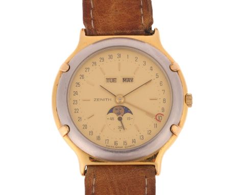 ZENITH - a gold plated stainless steel Academy triple calendar moonphase quartz wristwatch, ref. 19.0090.392, champagne dial 