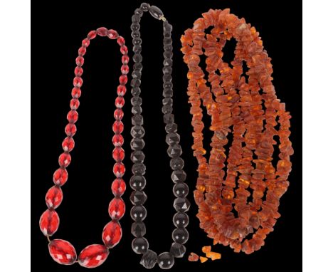3 bead necklaces, comprising rough-cut amber, faceted Bakelite and jet (3) . Condition Report:Lot sold as seen unless specifi