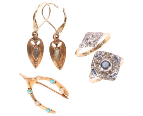 Various gold jewellery, including 9ct gold diamond panel ring, size M, pair of 9ct gold abalone drop earrings, Antique wishbo