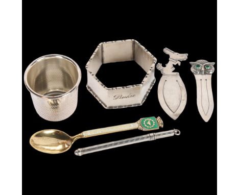 Various silver, including Danish dog bookmark, cocktail swizzle stick, hexagonal napkin ring, silver plated thimble drinking 