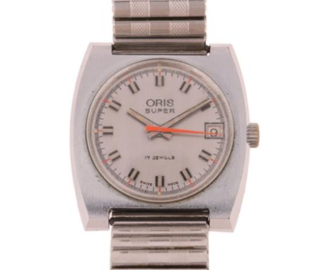 ORIS - a Vintage stainless steel Super mechanical calendar bracelet watch, circa 1960s, silvered dial with applied block hour