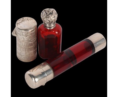 Various silver, including double-ended ruby glass scent bottle, 11cm, (3) . Condition Report:Lot sold as seen unless specific