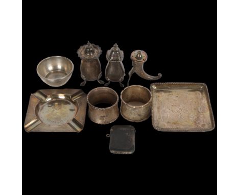 Various silver, including Norwegian sterling cornucopia pepperette, cigarette tray, napkin rings, etc, 10oz total . Condition