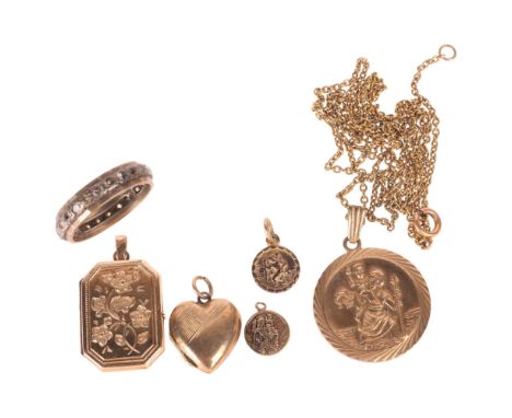 Various 9ct gold jewellery, including St Christopher pendant, locket pendant, 9ct and silver eternity ring, etc, 13.8g gross 