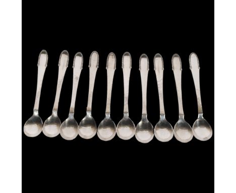 GEORG JENSEN - a set of 10 Art Deco Danish sterling silver Beaded/Kugel pattern spoons, circa 1916, 11.5cm, 4.4oz total . Con