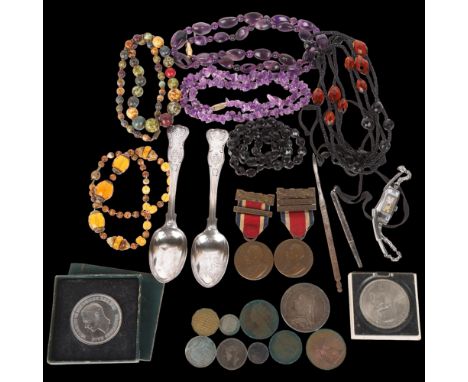 Various jewellery, including Victorian silver King's pattern teaspoons, amethyst necklace, coins, etc . Condition Report:Lot 
