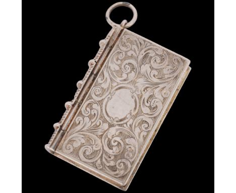 A Victorian novelty silver 'Book' vinaigrette, Edward Smith, Birmingham 1845, allover foliate engraved decoration with gilt i