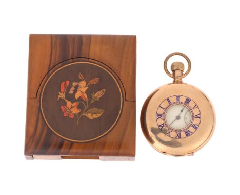 ELGIN - a gold plated half hunter keyless pocket watch, white enamel dial with Roman numeral hour markers, blued steel double