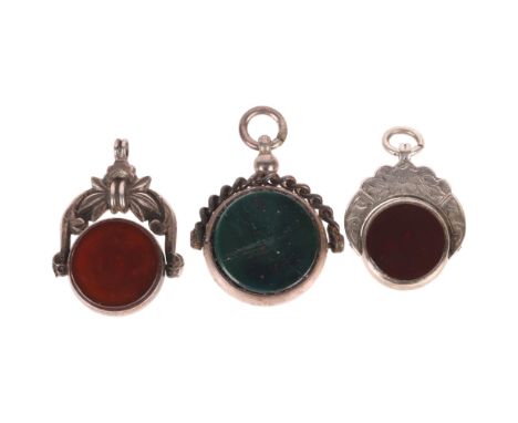 3 Antique silver-mounted hardstone spinner fobs, 21.4g total (3) . Condition Report:Lot sold as seen unless specific item(s) 