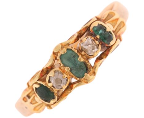 An Antique Georgian five stone emerald and diamond ring, set with step-cut emeralds and old-cut diamonds, unmarked mount test