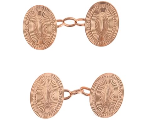 CROPP &amp; FARR - a pair of Art Deco 9ct rose gold oval cufflinks, maker C&amp;F, Birmingham 1921, engine turned decoration,