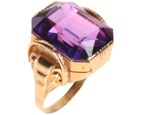 A Middle Eastern 14ct gold synthetic colour change sapphire dress ring, unmarked mount tests as 14ct, setting height 17.2mm, 