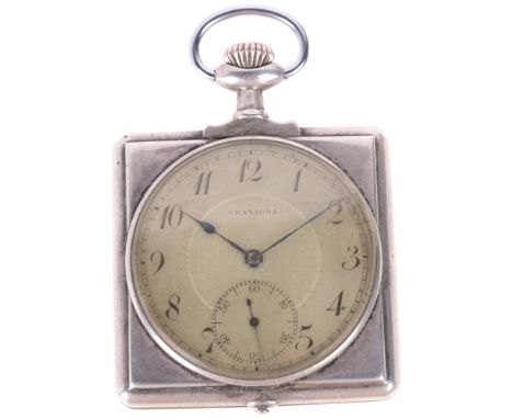 GRAZIOSA - an Art Deco Swiss silver square open-face keyless pocket watch, silvered engine turned dial with black Arabic nume