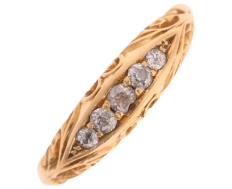 An 18ct gold five stone diamond half hoop ring, maker SU, Chester 1900, set with old-cut diamonds, setting height 4.9mm, size