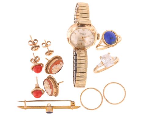 Various gold jewellery, including 9ct Doric wristwatch, 9ct gold coral earrings, rings, etc, 14.9g gross (excluding wristwatc