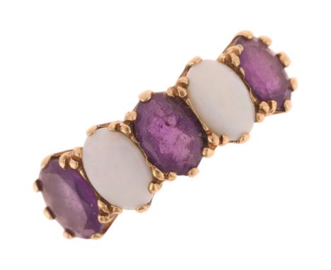 A 9ct gold five stone amethyst and opal half hoop ring, set with oval mixed-cut amethysts and oval cabochon opals, setting he