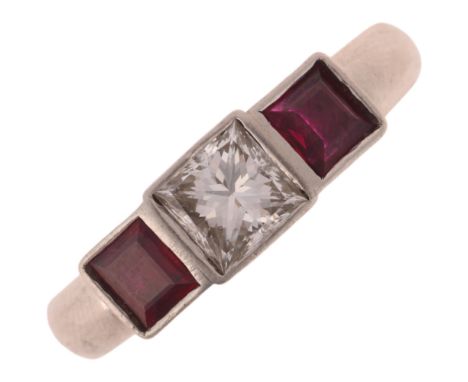 A platinum three stone ruby and diamond ring, rub-over set with 0.7ct Princess-cut diamond, colour approx G, clarity approx V