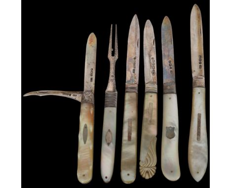 6 Antique mother of pearl handled silver fruit knives and forks, including combination example, largest extended 16cm . Condi