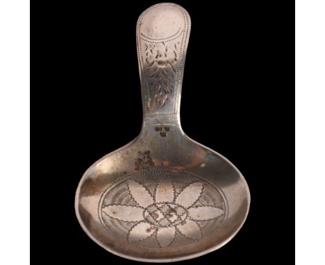 A George V silver tea caddy spoon, W S Savage &amp; Co, Sheffield 1915, bright cut floral engraved decoration, in the Georgia