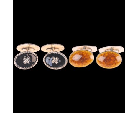 2 pairs of Danish sterling silver cufflinks, comprising black enamel by Elvik &amp; Co, and amber by Tage Hansens Guldsmedie,