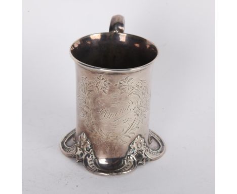 A Victorian silver half pint mug, Henry Wilkinson &amp; Co, Sheffield 1867, cylindrical form with splayed base and floral eng